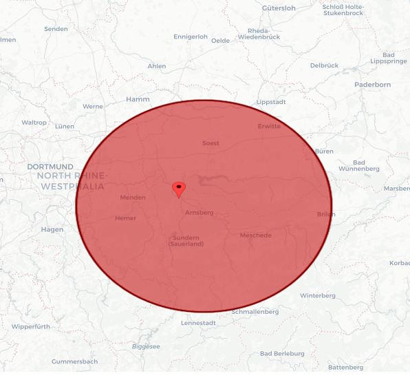 Karte mit einem roten Kreis um den Bereich Arnsberg über Menden, Sundern, Meschede, Soest und Erwitte